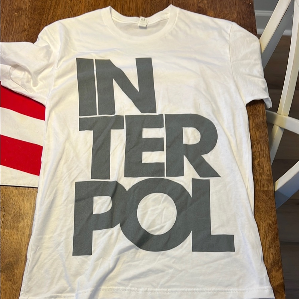 White T-Shirt with Gray Interpol Print